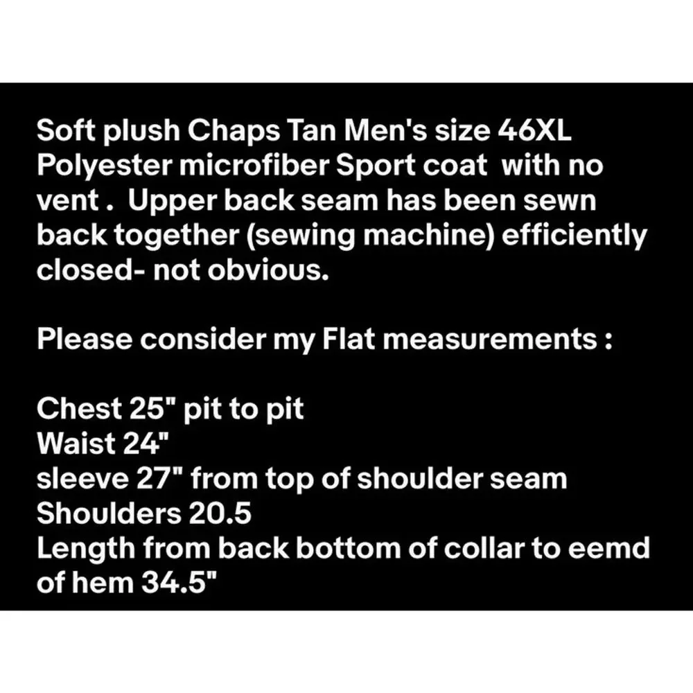 Chaps Sportcoat Microfiber Men 48XL Tan 3 Buttons No vent Interior seam repair